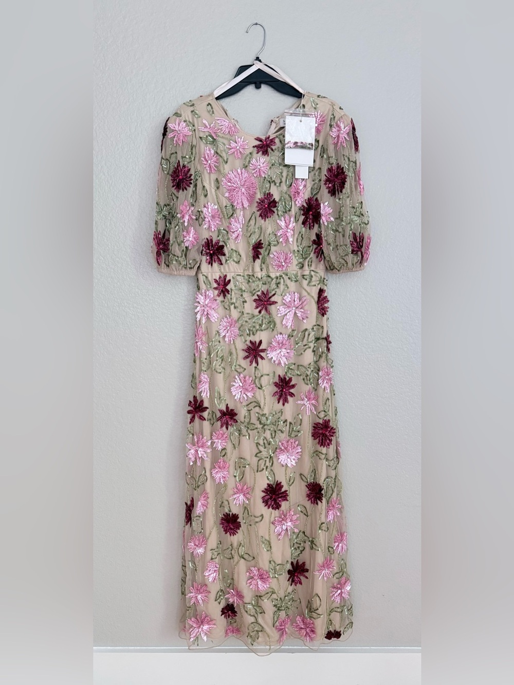 Mac Duggal Beige Maxi Dress with Pink & Burgundy Floral Embroidery - Picture 10 of 10